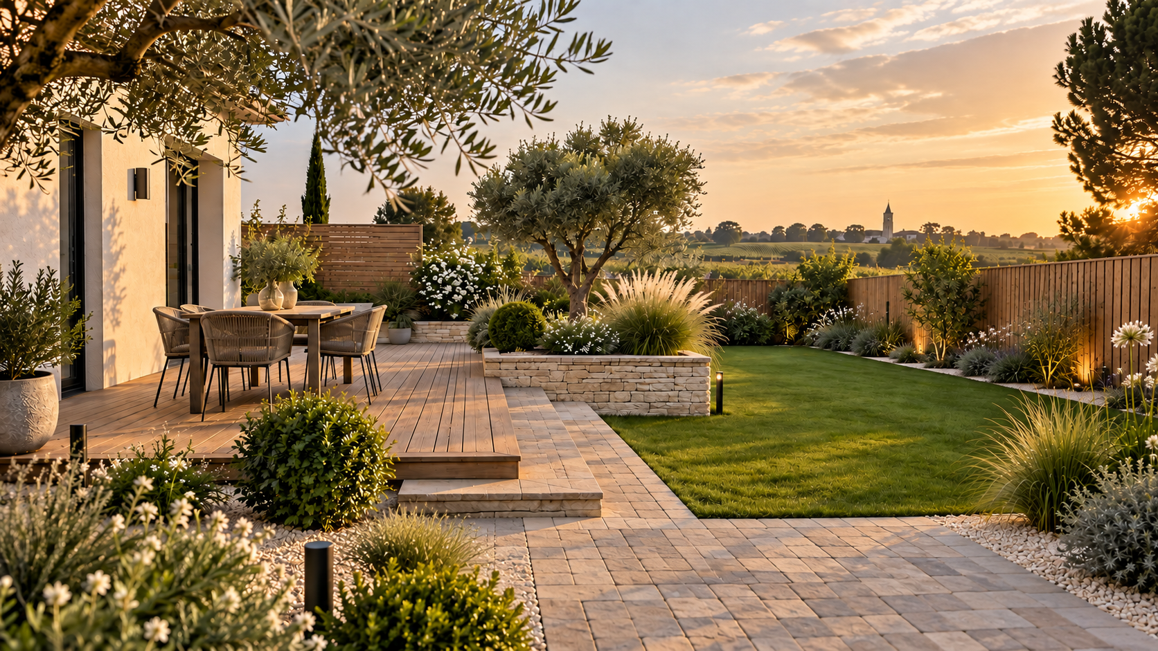Jardin paysager avec terrasse bois, pavés et plantations
